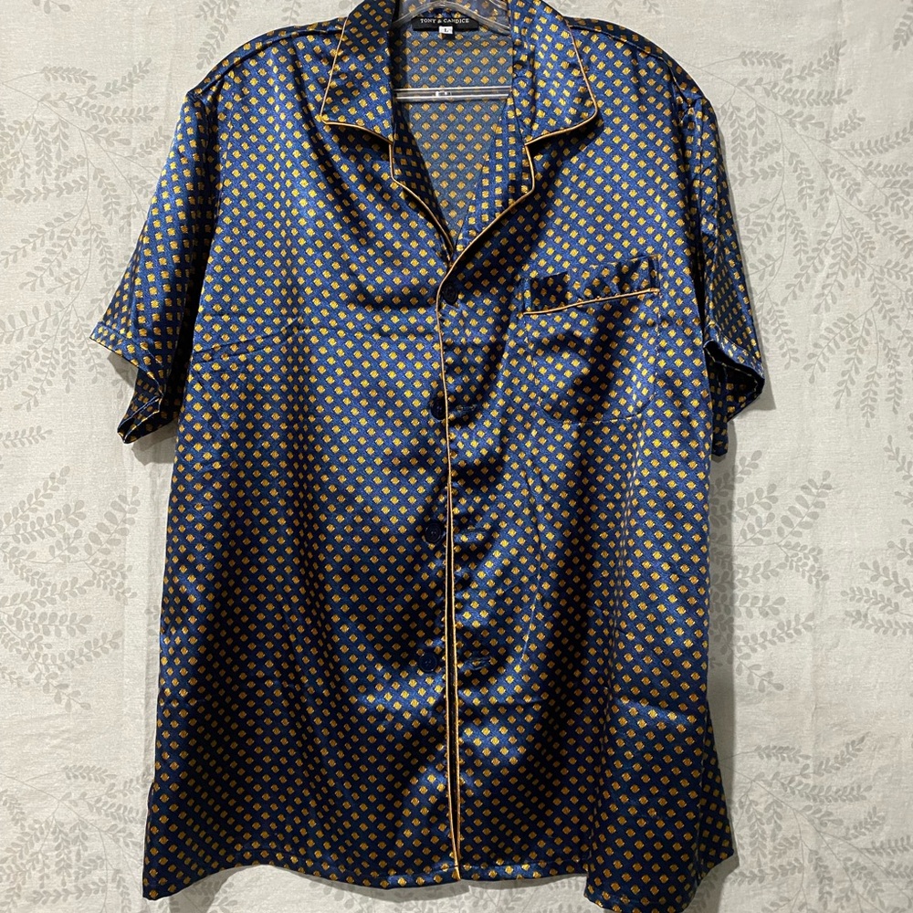 Men's Navy and Gold Patterned Pajama Shirt